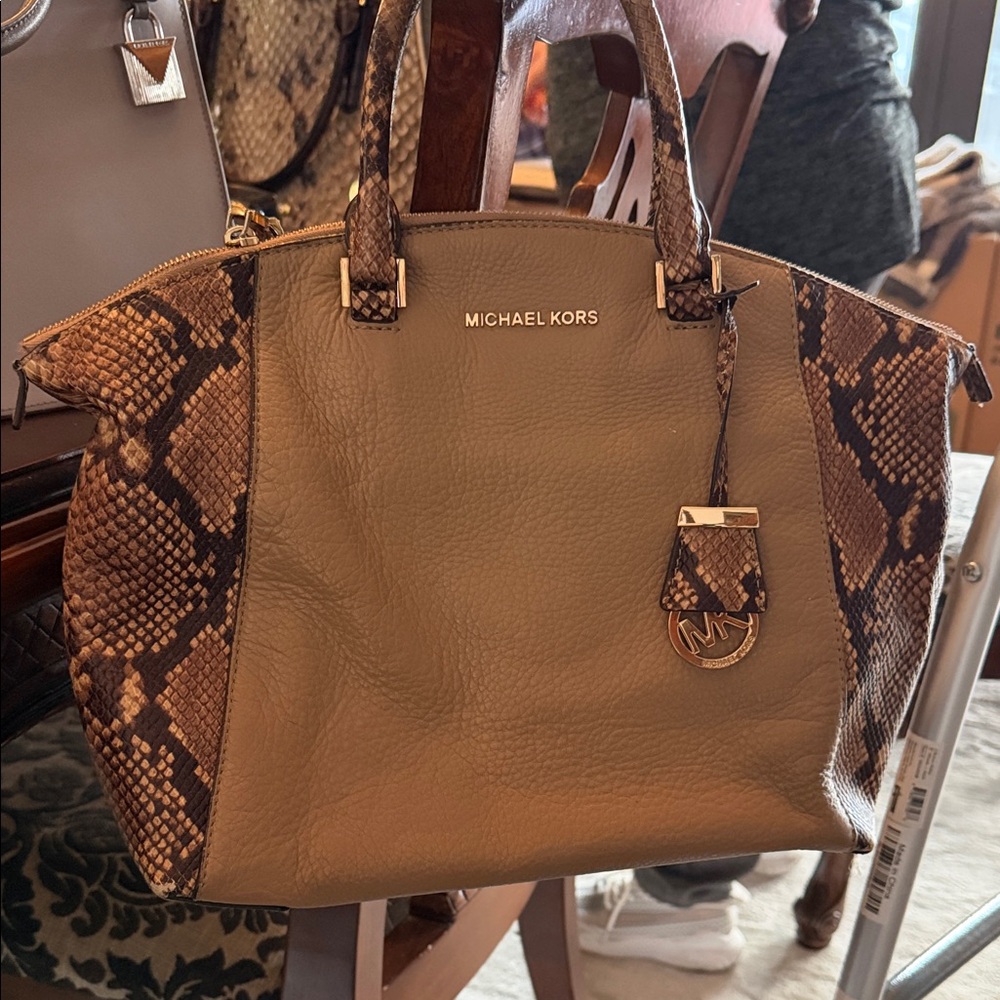 Michael Kors Tan and Brown Snake Print Satchel
